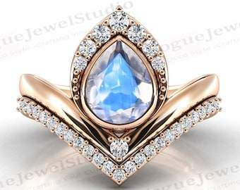 Ensemble de bagues de fiançailles en pierre de lune en or 14 carats Ensemble de bagues de mariage antiques en pierre de lune en forme de poire Ensemble de bagues de mariée 2 pièces Ensemble de bagues d'anniversaire art déco
