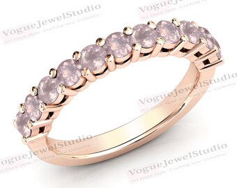 Unique Rose Quartz Half Eternity Band For Women 14k Gold Rose Quartz Wedding Band Antique Eternity Engagement Band Anniversary Gift For Her