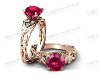 Anillo de compromiso de rubí de oro de 14k para mujer, anillo de aniversario nupcial de rubí estilo art déco, anillo de boda de rubí antiguo vintage, anillo de promesa único para ella.