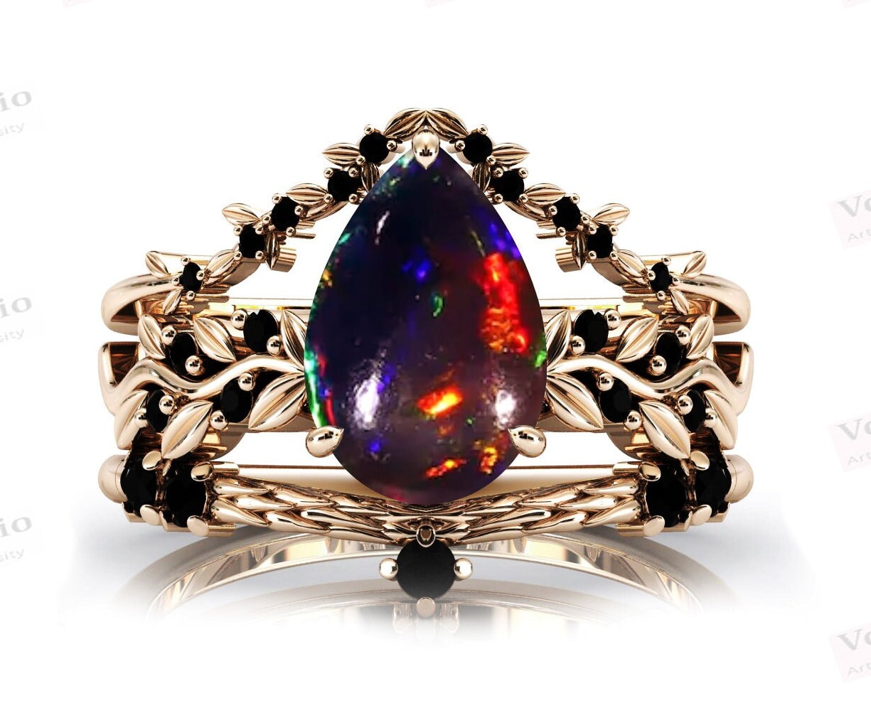 Art Deco Pear Shaped Black Opal Engagement Ring Set 925 Sterling Silver Black Opal 3 Piece Wedding Ring Set Vine Leaf Engagement Ring Set