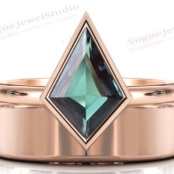 Color Changing Teal Sapphire Engagement Ring Set Kite Shaped Teal Sapphire Art Deco Wedding Ring Set 14k Gold Sapphire 2pcs Bridal Ring Set