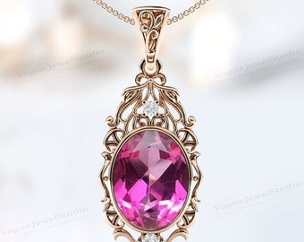 Pink Tourmaline Pendant For Women Art Deco Filigree Design Pendant Art Deco Necklace Unique Statement Pendant Antique Wedding Gift For Her