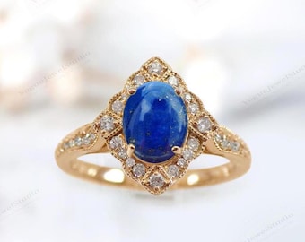 Unique Lapis lazuli Art Deco Wedding Ring 925 Sterling Silver Lapis lazuli Engagement Ring Vintage Bridal Anniversary Promise Ring For Women