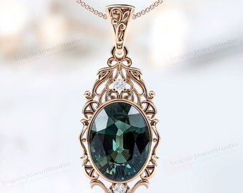 Colgante de zafiro azul verdoso que cambia de color, colgante de boda vintage para mujer, colgante hecho a mano de plata de ley 925, collar de filigrana antigua para ella.