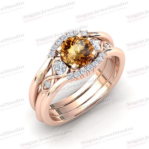 14k Gold Citrine Engagement Ring Set For Women Art Deco Citrine 3 Piece Wedding Ring Set 925 Sterling Silver Citrine shops Bridal Ring Set For Her