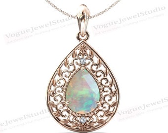 Art Deco Leaf Style Opal Pendant 14k Gold Opal Pendant For Women Antique Filigree Design Opal Gemstone Pendant Pear Shaped Opal Neckalce