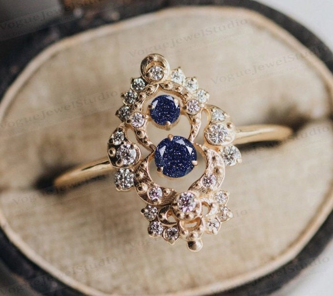 Buy Galaxy Blue Sandstone Engagement Ring for Her 14k Rose Gold Blue  Sandstone Wedding Ring Vintage Bridal Anniversary Ring Women Statement Ring 