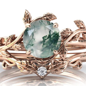 Art Deco Vine Leaf Style Moss Agate Engagement Ring Set 14k Gold Green Moss Agate Wedding Ring Set Women Antique Bridal Anniversary Ring Set