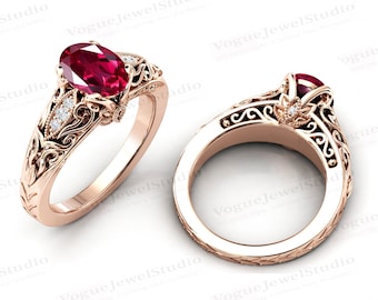Art Deco Red Ruby Engagement Ring 14k Gold Ruby Antique Wedding Ring Unique Filigree Engagement Ring Vintage Ruby Bridal Anniversary Ring