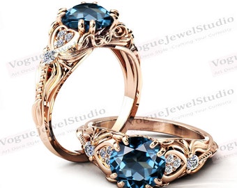 2ct. 14k Rose Gold London Blue Topaz Engagement Ring Blue Gemstone Art Deco Engagement Ring Vintage London Blue Topaz Wedding Ring para mujeres