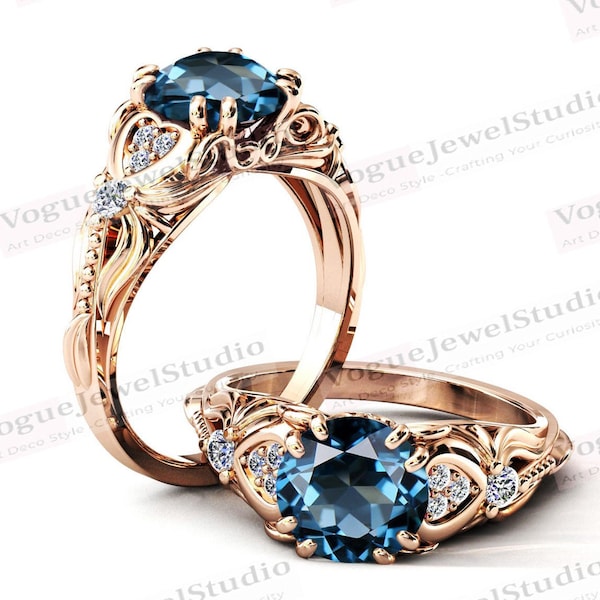 Anel de Noivado em Ouro Rosa 14k com Topázio Azul Londres de 2 quilates, Estilo Art Déco, Anel de Noivado Vintage com Topázio Azul Londres para Esposa