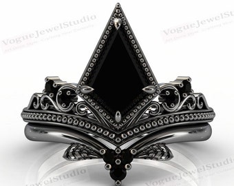 Vintage Kite Shaped Black Onyx Engagement Ring Set Antique Black Onyx Wedding Ring Set Leaf Wedding Band Art Deco Black Onyx Bridal Ring Set