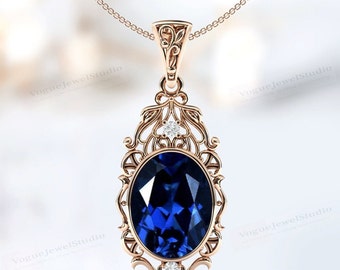 Vintage Blue Sapphire Pendant For Women Art Deco Filigree Style Necklace Rose Gold Blue Sapphire Wedding Pendant Unique Statement Pendant