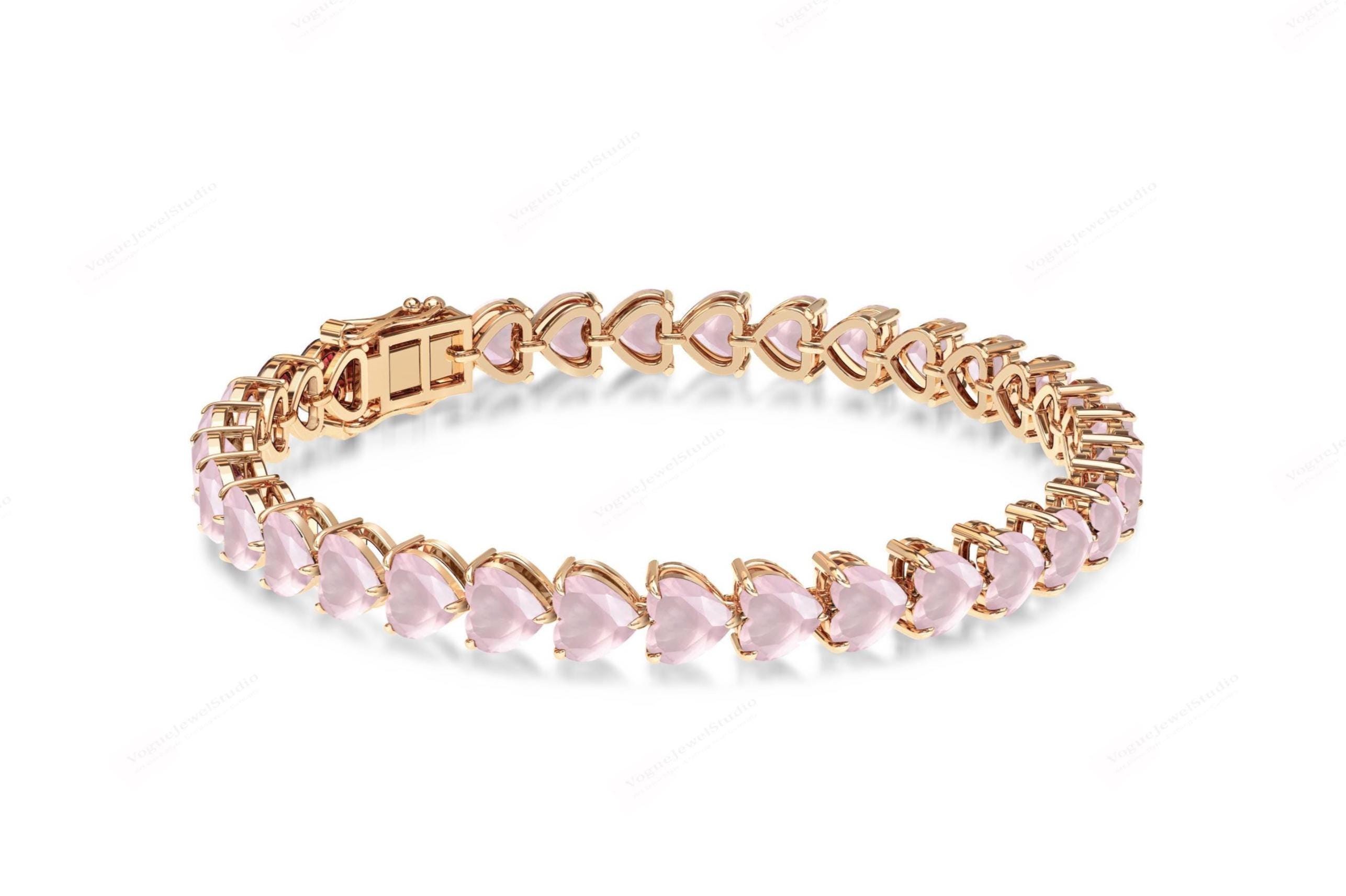 Vintage Rose Quartz Bracelet For Women Heart Shaped Rose Quartz Tennis Bracelet Unique Handmade Bracelet Art Deco Anniversary Gift For Her