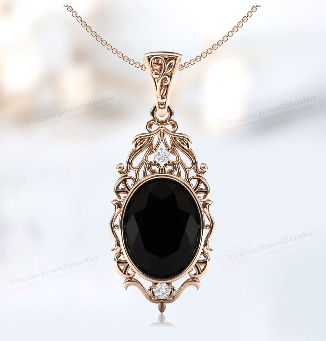 Unique Black Onyx Wedding Pendant for Her Art Deco Filigree Design