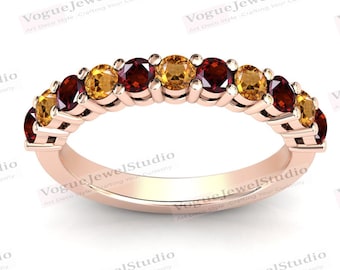 14k Gold Garnet & Citrine Eternity Band For Women Natural Citrine Eternity Wedding Band 925 Sterling Silver Stacking Band Anniversary Gift