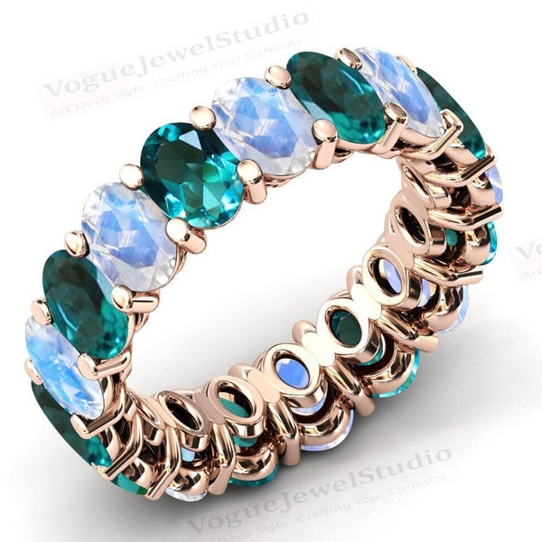 14k Gold Green Paraiba Tourmaline Eternity Band For Her Vintage Moonstone Infinity Wedding Band Art Deco Cluster Engagement Band For Women