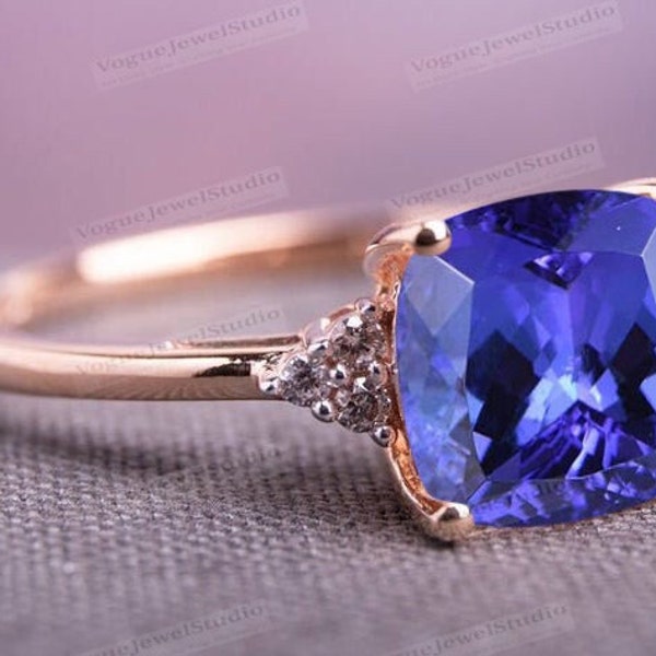 Unique Tanzanite Engagement Ring Cushion Cut Tanzanite Art Deco Wedding Ring 14k Gold Tanzanite Bridal Promise Ring Women Anniversary Gift