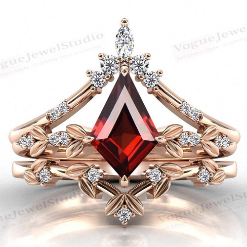Natural Red Garnet Engagement Ring Set Art Deco Red Garnet - Etsy