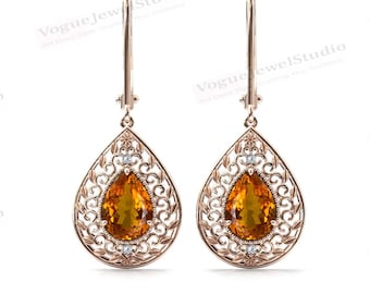Art Deco Leaf Style Oorbellen voor vrouwen peervormige Maderia Citrien Oorbellen 925 Sterling Zilver Filigraan Design Oorbellen Anniversary Gift