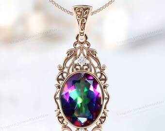 Bio Color Mystic Topas-hänge för kvinnor Antik filigranhalsband 14k roséguld Mystic Topas-bröllopshänge Unikt handgjort hänge
