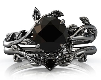 Vintage Black Onyx Engagement Ring Set Art Deco Leaf Design Ring Set 925 Silver Black Gemstone Wedding Ring Set Black Onyx Bridal Ring Set
