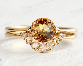 Delicado juego de anillos de compromiso de citrino, juego de anillos de boda art déco de citrino en oro de 14 k, juego de 2 anillos de compromiso de aniversario de novia de citrino vintage