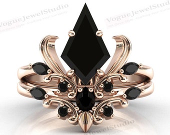 Art Deco Kite Shaped Black Onyx Engagement Ring Set Vintage Black Onyx Wedding Ring For Women Antique Black Onyx Bridal Anniversary Ring Set