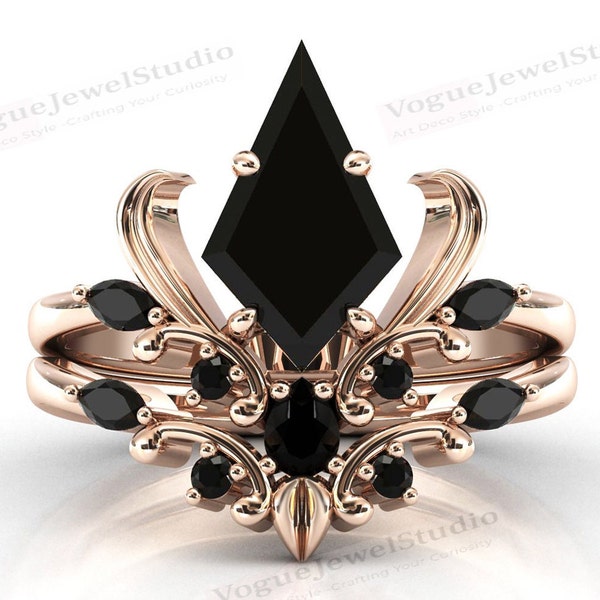 Art Deco Kite Shaped Black Onyx Engagement Ring Set Vintage Black Onyx Wedding Ring For Women Antique Black Onyx Bridal Anniversary Ring Set