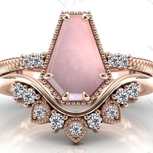 Unique Coffin Shaped Rose Quartz Engagement Ring Set 14k Gold Rose Quartz Art Deco Wedding Ring Set Vintage 2pcs Bridal Anniversary Ring Set