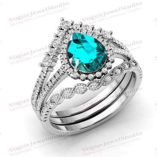 Art Deco Paraiba Tourmaline Engagement Ring Set Pear hot Shape Paraiba Tourmaline Antique Wedding Ring Set 3 Piece Bridal Ring Set For Women