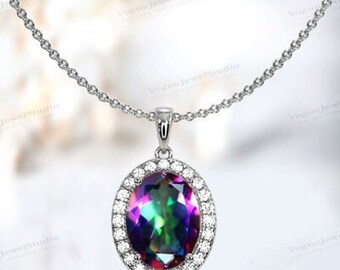 Antik Mystic Topas-hänge för kvinnor Bio Color Eddelstenshänge Roséguld Mystic Topas Halo Bröllopshänge 925 Silver Handgjort hänge