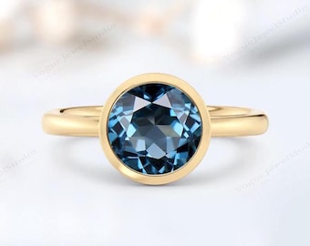 London Blue Topaz Engagement Ring For Women Bezel Set Blue Topaz Wedding Ring 14k Gold Blue Topaz Bridal Promise Ring Women Anniversary Gift