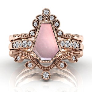 Unique Coffin Shape Rose Quartz Engagement Ring Set Vintage Rose Quartz 3 Piece Wedding Ring Set Unique Rose Quartz Art Deco Bridal Ring Set