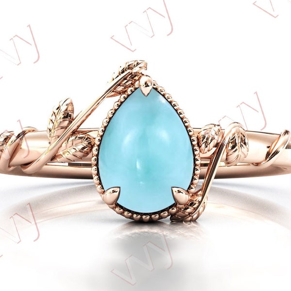 Art Deco Leaf Style Larimar Engagement Ring 14k Rose Gold Larimar Wedding Ring Vintage Larimar Bridal Ring Antique Anniversary Promise Ring