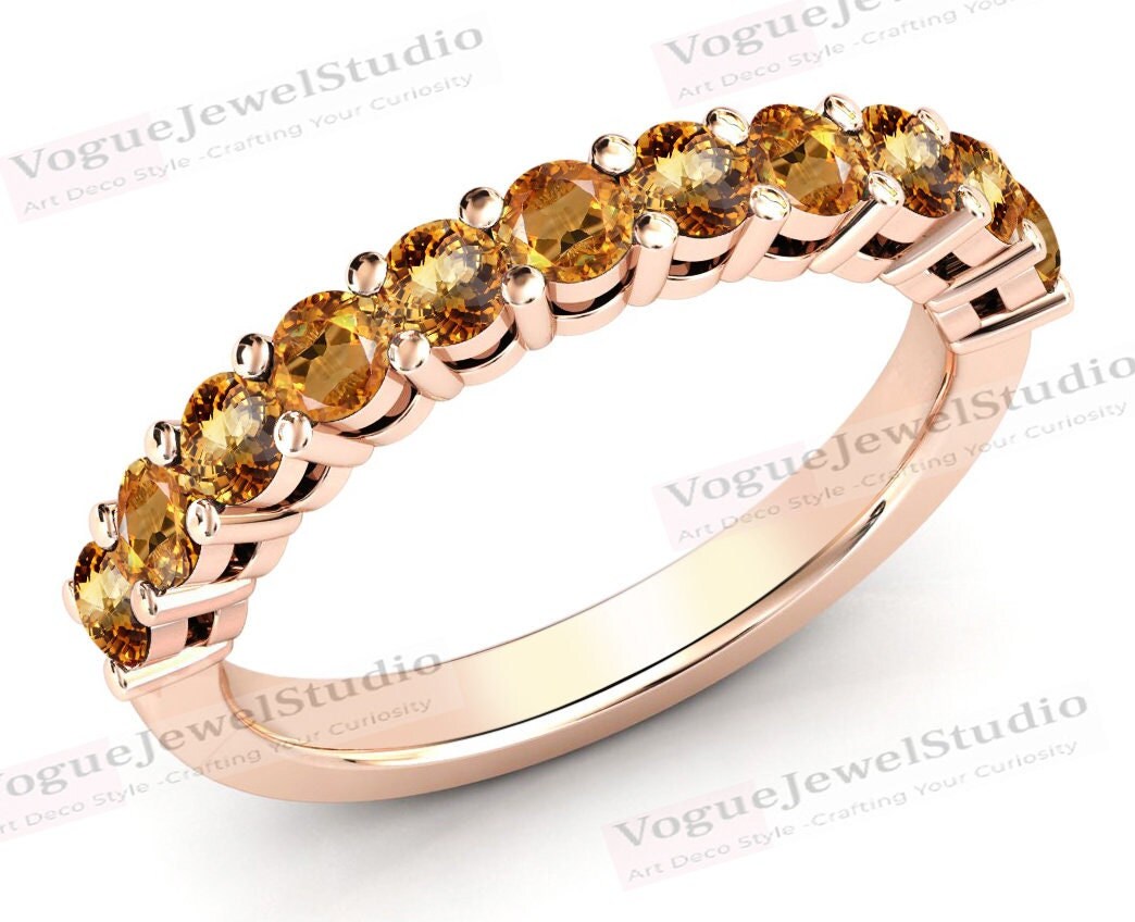 Anillo de compromiso de citrino antiguo para mujer, banda de compromiso de citrino de oro de 14k, anillo de boda de eternidad de citrino antiguo, banda de apilamiento única