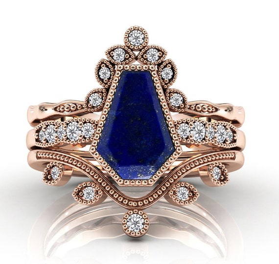 アールデコ 棺型 ラピスラズリ 結婚指輪セット 14K ゴールド