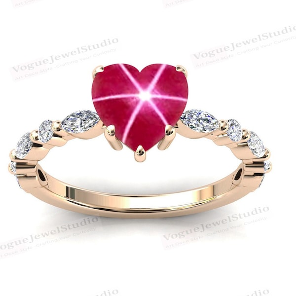 Heart Shaped Ruby Star Engagement Ring Vintage Solitaire Wedding Ring 925 Silver Ruby Star Wedding Ring Unique Bridal Proposal Ring For Her