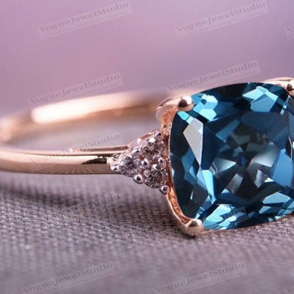 Antique London Blue Topaz Engagement Ring Cushion Cut Blue Topaz Wedding Ring Art Deco Wedding Ring Vintage Blue Topaz Bridal Promise Ring