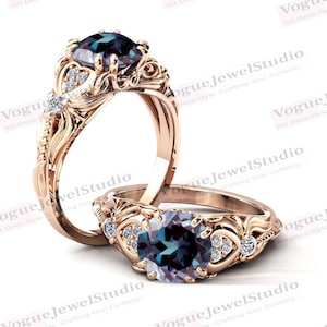 2ct. Vintage Alexandrite Engagement Ring 14k Rose Gold Alexandrite Art Deco Wedding Ring Antique Alexandrite Bridal Anniversary Promise Ring