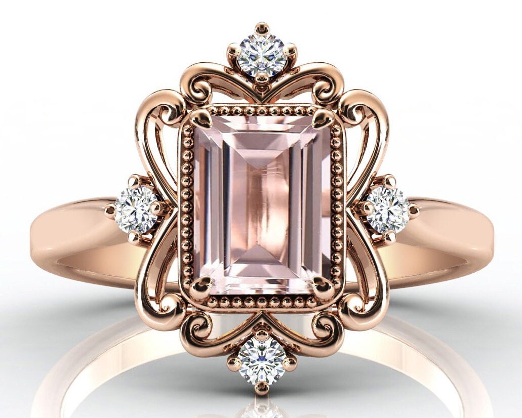 14k Gold Morganite Engagement Ring Emerald Cut Morganite Wedding Ring Art Deco Wedding Ring Antique Morganite Gemstone Bridal Ring For Women