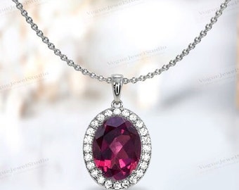 Raspberry Rhodolite Garnet Pendant For Her Art Deco Halo Style Necklace Rose Gold Rhodolite Garnet Wedding Pendant Unique Statement Pendant