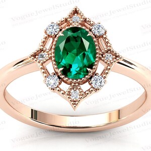Antique Emerald Engagement Ring For Women Oval Cut Emerald Art Deco Wedding Ring Vintage Emerald Bridal Promise Ring Women Anniversary Gift