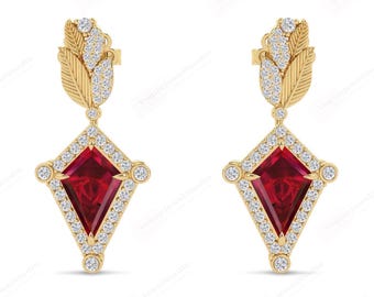 Boucles d'oreilles rouge rubis coupe cerf-volant pour femme Boucles d'oreilles art déco en forme de feuille en or 14 carats rubis boucles d'oreilles en forme de cerf-volant vintage Boucles d'oreilles pendantes vintage pour femme