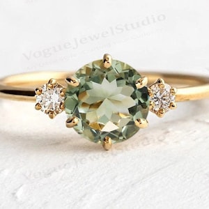 Minimalist Green Amethyst Engagement Ring Dainty Green Amethyst Wedding Ring Delicate Engagement Ring Unique Solitaire Bridal Ring For Women