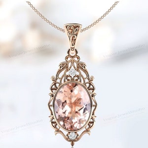 Peach Pink Morganite Pendant For Women Vintage Filigree Wedding Pendant Art Deco Bridal Necklace Unique Statement Pendant Anniversary Gift