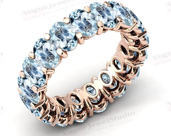 Art Deco Aquamarine Engagement Eternity Band For Women 14k Gold Aquamarine Wedding Band Vintage Aquamarine Bridal Anniversary Gift For Her