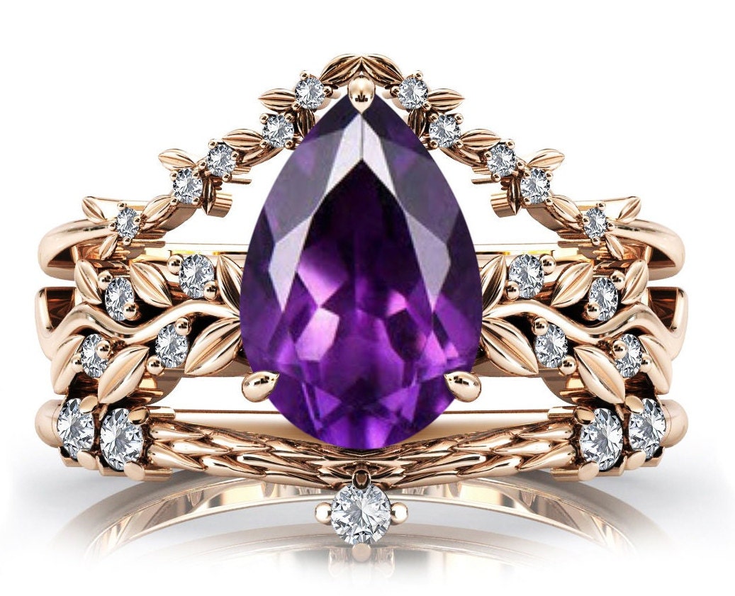 Art Deco Pear Shape Amethyst Engagement Ring Set for Women Antique Vine  Leaf Design Ring Set 14k Rose Gold Amethyst 3 Piece Wedding Ring Set - Etsy