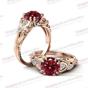 Vintage Malaya Garnet Engagement Ring For Women 14k Rose Gold Malaya Garnet Antique Wedding Ring Art Deco Garnet Bridal Anniversary Ring