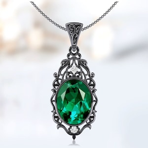 Art Deco Filigree Design Pendant Oval Cut Emerald Pendant For Women Vintage Green Gemstone Pendant Antique Wedding Pendant Anniversary Gift